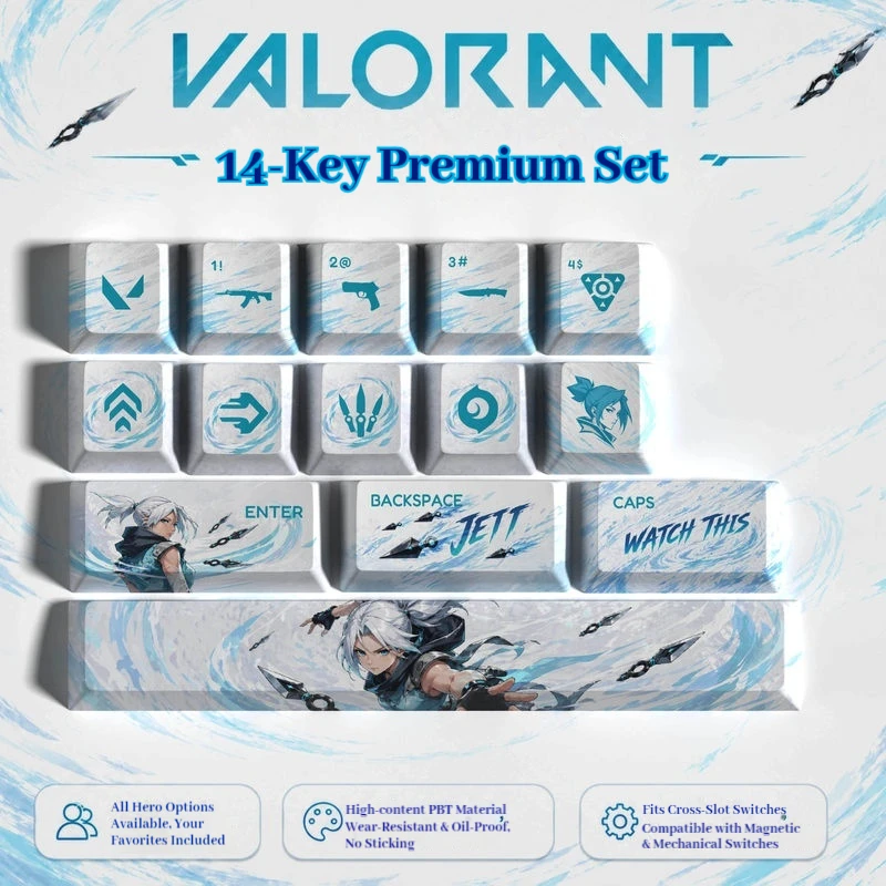 Valorant Character Keycaps 14 Keys Jett Clove game key cap Custom Pbt Heat Sublimation Cross Axist Mechanical Keyboard Keycaps