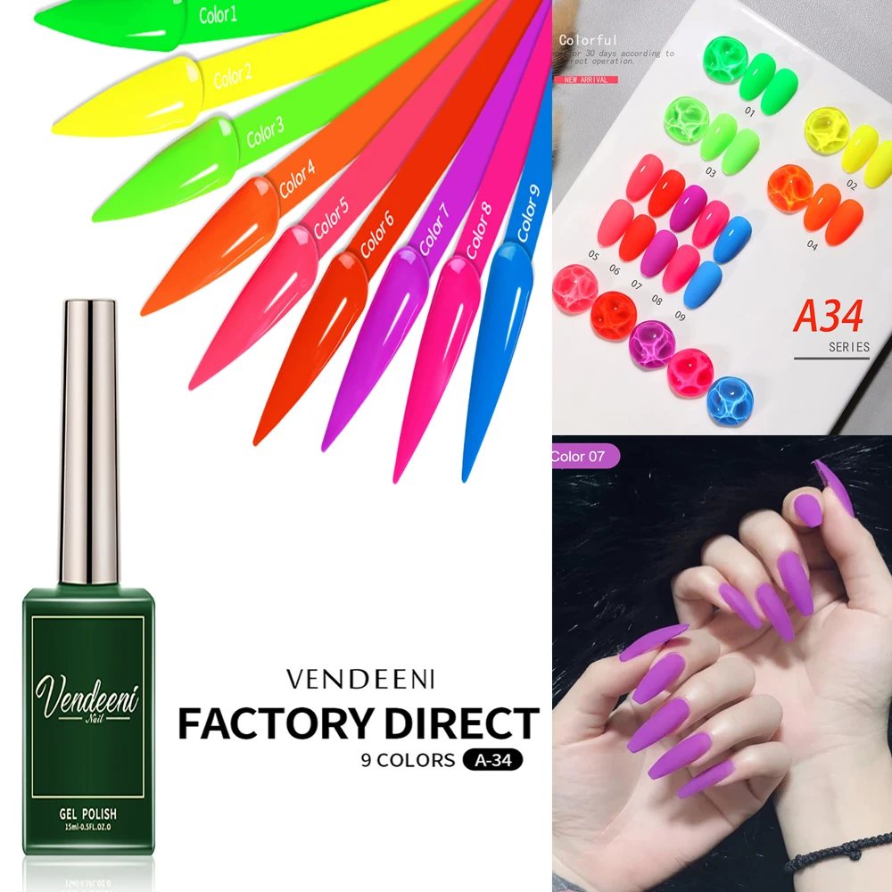 Vendeeni 9 Colors/set Fluorescent Gel Nail Polish UV LED Rainbow DIY Manicure Nail Varnish With Color Card /TPO/HEMA FREE