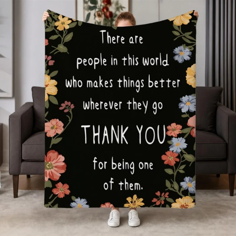 Thank You Inspirational Quote Wildflower Floral Black Background Flannel Throw Blanket,Appreciation Positive Wording Blanket