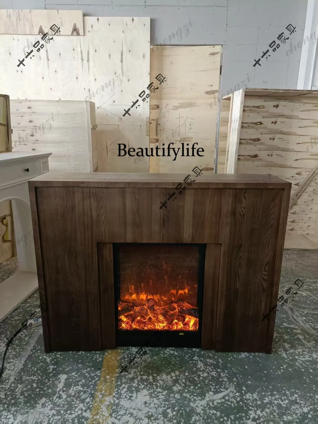 French antique solid wood fireplace, American retro door cabinet, silent background wall, decorative cabinet