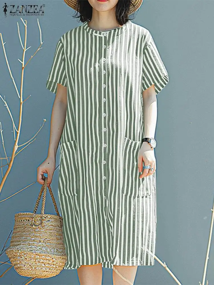 ZANZEA Women Breast Midi Sundress Casual Loose Stripe Printed Dress Fashion Single Half Sleeve Shirt Dress Summer 2024 Vestidos