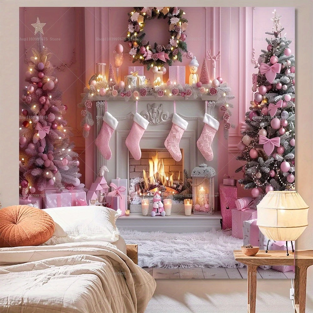 Pink Christmas Backdrop Xmas Tree Fireplace Gifts Box Photography Background Family Party Baby Shower Banner Decor Photo Studio