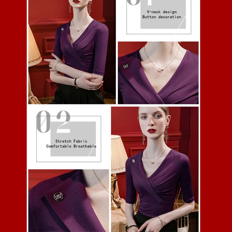 Boweylun Cross V-Neck Five Points Sleeve T-Shirt Women Comfortable Ribbed Fabric Slim Button Solid Color Mid Sleeve Tops