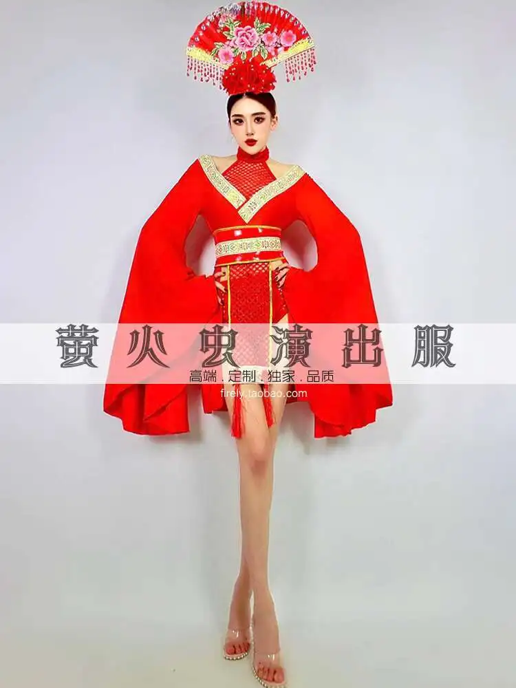 اليراع بار جوجو أداء زي أحمر كبير الأكمام ملهى ليلي DS النمط الصيني الاتجاه الوطني جديد منتصف الخريف مجموعة للنساء #5