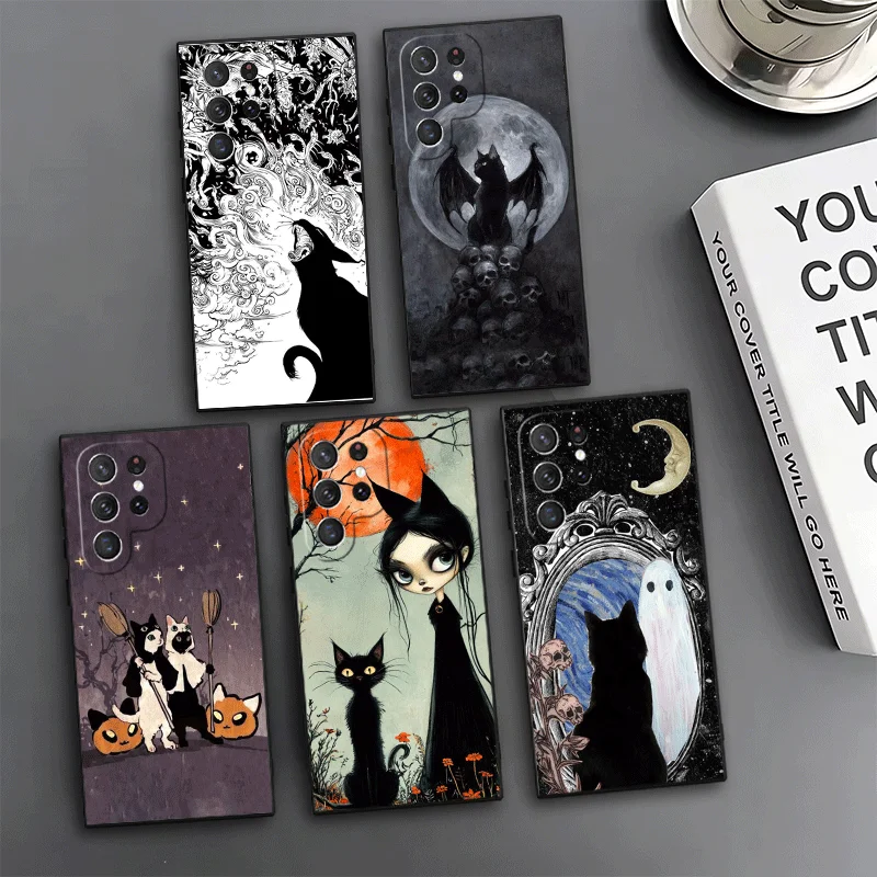 Black Cat Witch Aesthetics Phone Case For Samsung Galaxy S24 S25 S26 Ultra S23 Plus S22 S21 FE S20 + Edge Pattern Customized Cov