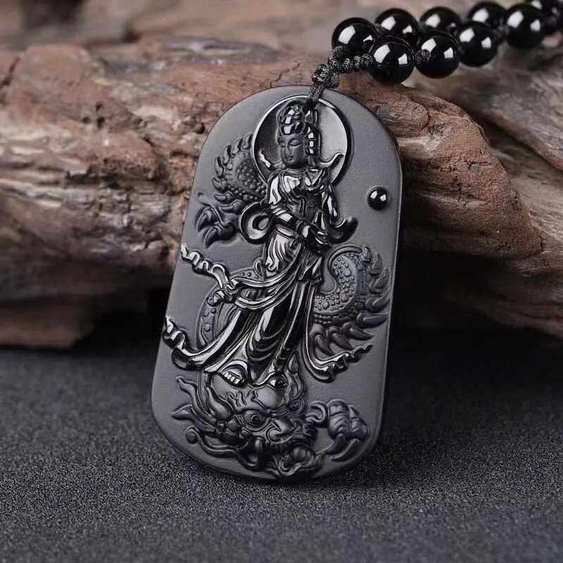 

Natural Obsidian Guanyin Necklace Pendant, Retro Ethnic Style Jewelry