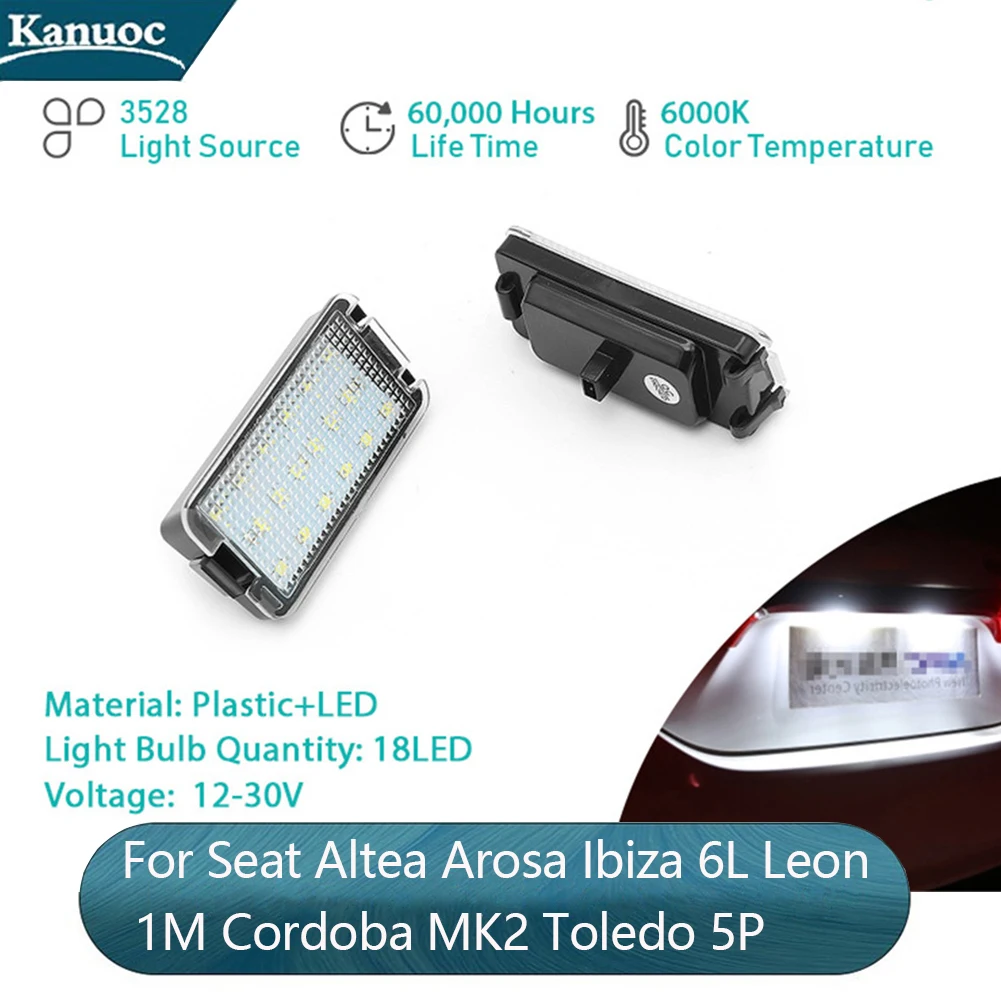 2Pcs For Seat Altea Arosa Ibiza 6L Leon 1M Cordoba MK2 Toledo 5P ​LED Car License Number Plate 6000K Lights External Accessorie