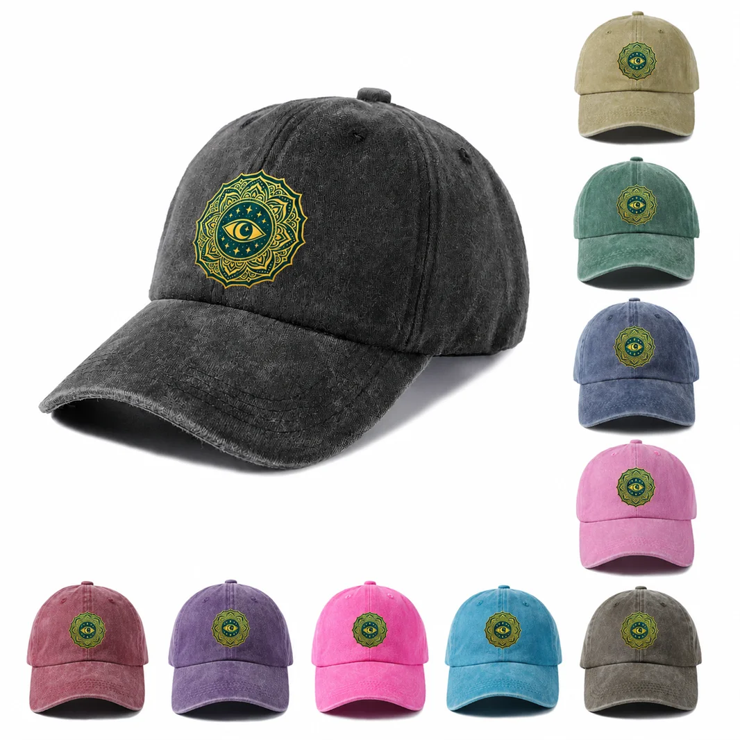 Mystic Eye Mandala Graphic Baseball Cap, Vintage Washed Adjustable Unisex Dad Hat, Boho Spiritual Gift