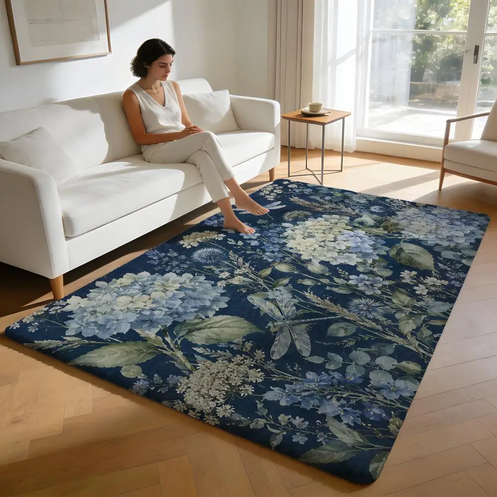 Blue Hydrangea Art Floor Mat Soft Flannel Rug Non Slip Washable Quick Dry Door Mat for Bathroom Kitchen Bedroom Home