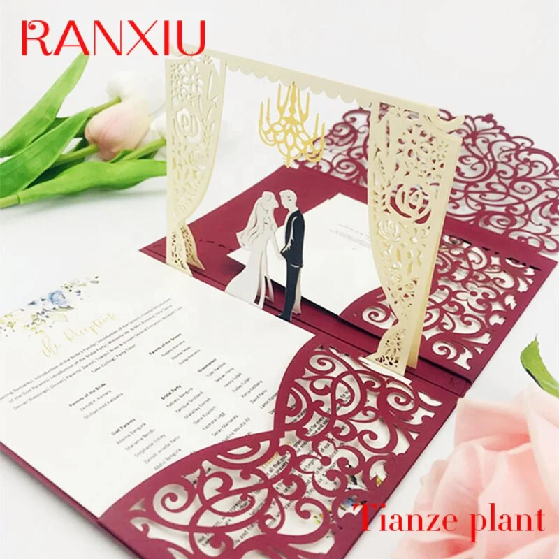 

Custom The spot Handmade 3D up Custom Three fold laser hollow out carving wedding invitation Card or Greeting Cards