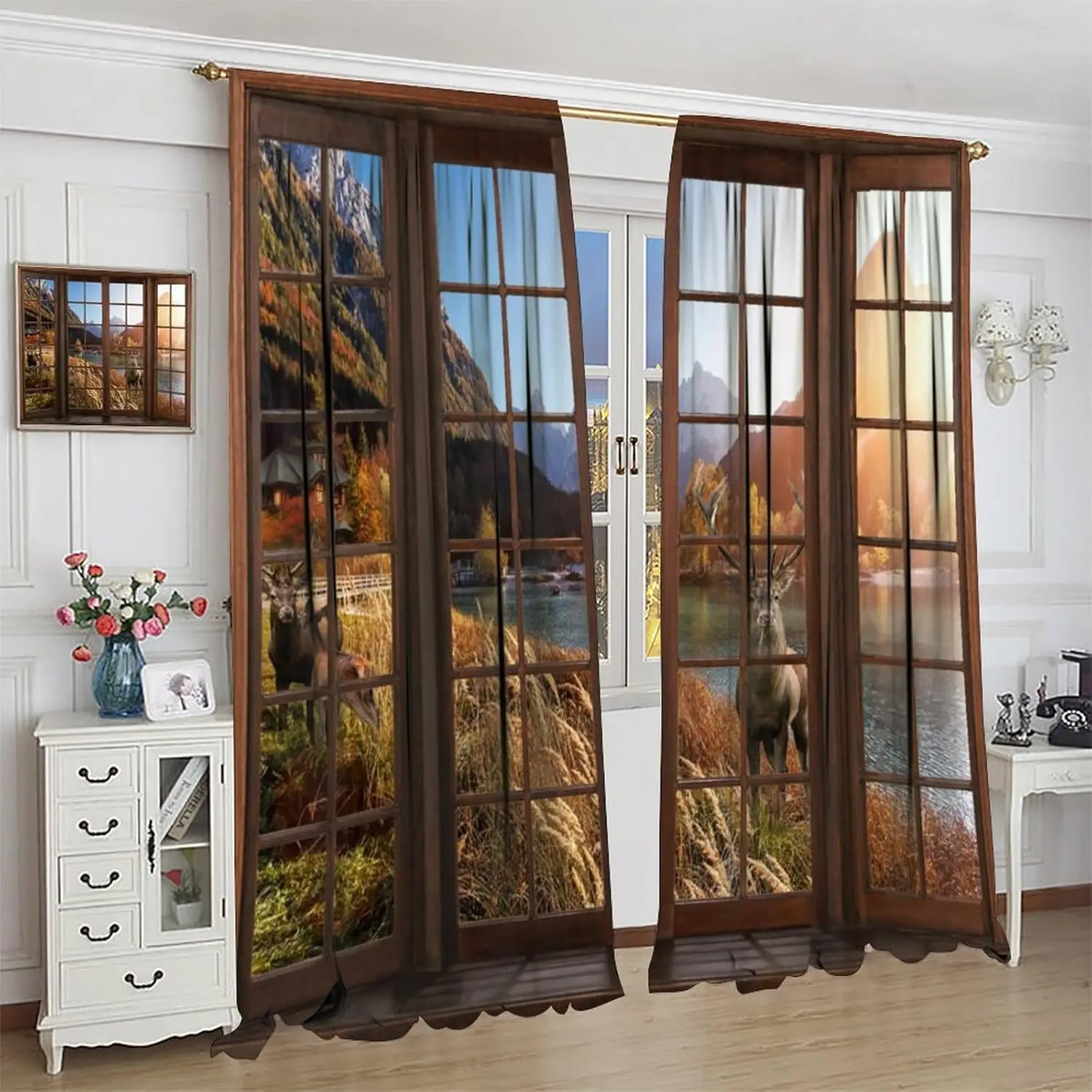 Autumn Rustic Landscape Curtains, Vintage Rural Forest Lakeside Wooden Log Cabin Wild Animal Deer, Blackout Rod Pocket Window