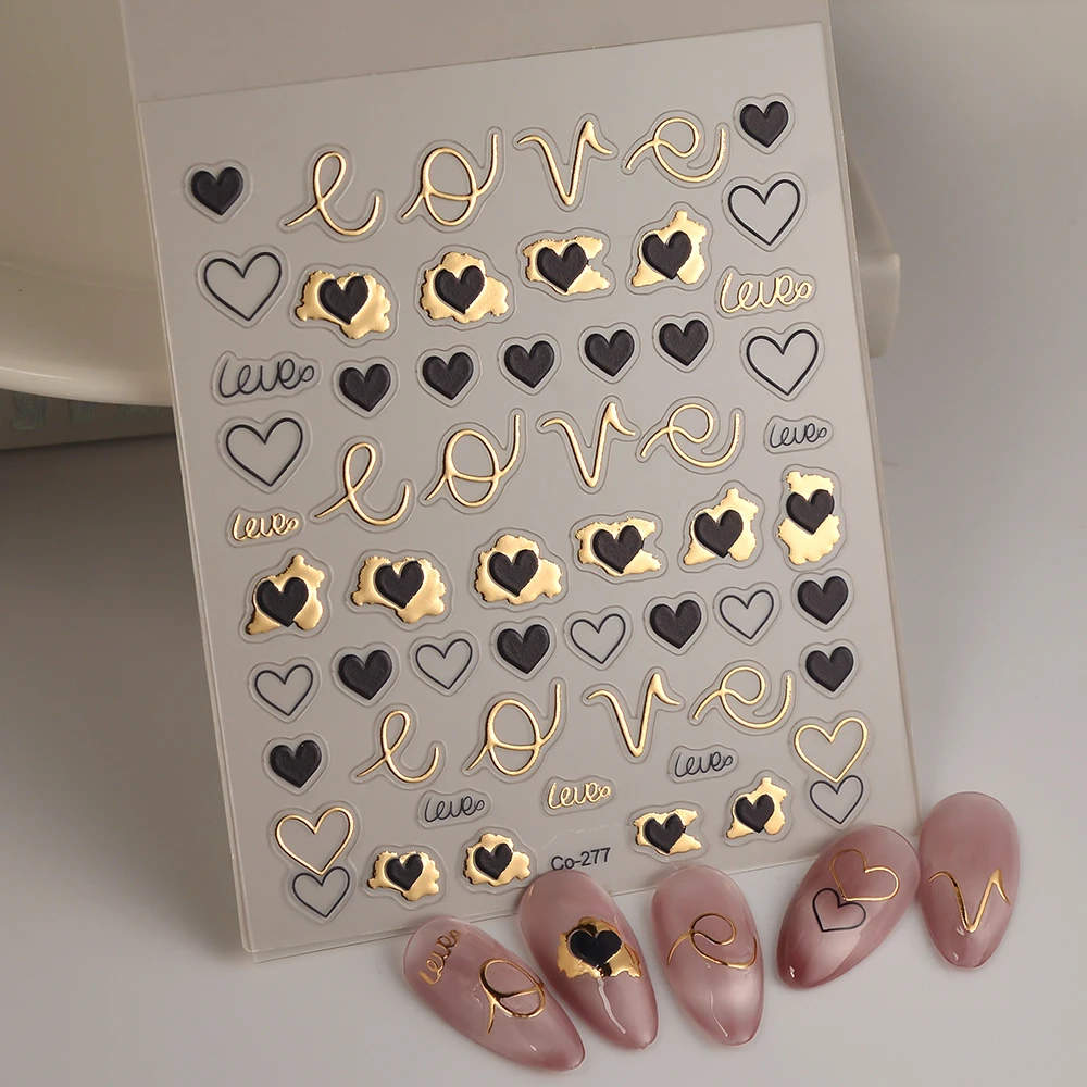 Goud En Zwart Hart Design Nagelsticker Zelfklevende Reliëf Gouden Liefde Diy Nagel Emblemen Folies Wraps Decoraties CO-277