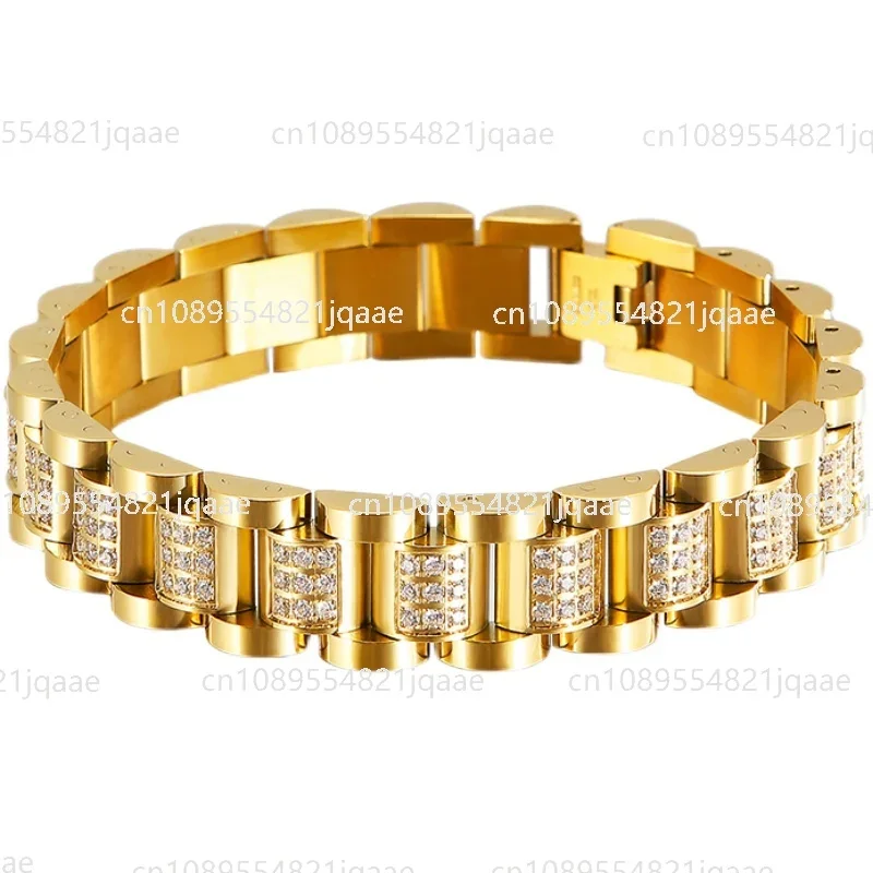 2024 New Original European and American Style Hip Hop Gold Plated Stainless Steel Bracelet Diamond Inlaid Couple Hand Jewelry