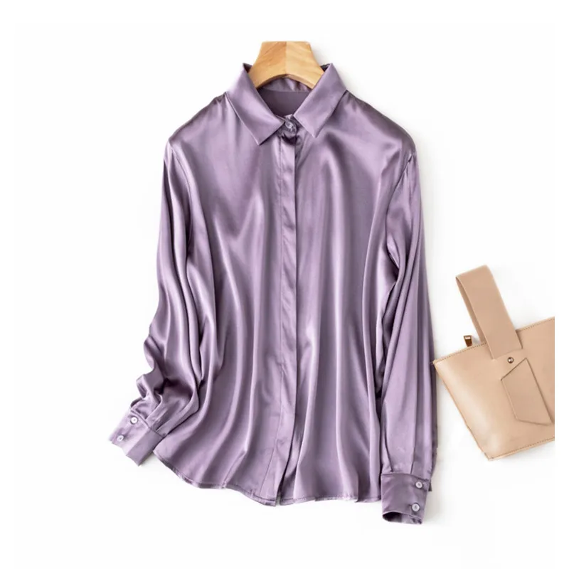 

Women 93% Real Silk Long Sleeve Shirts Turn Down Collar Straight Loose Single Breasted Office Lady Tops