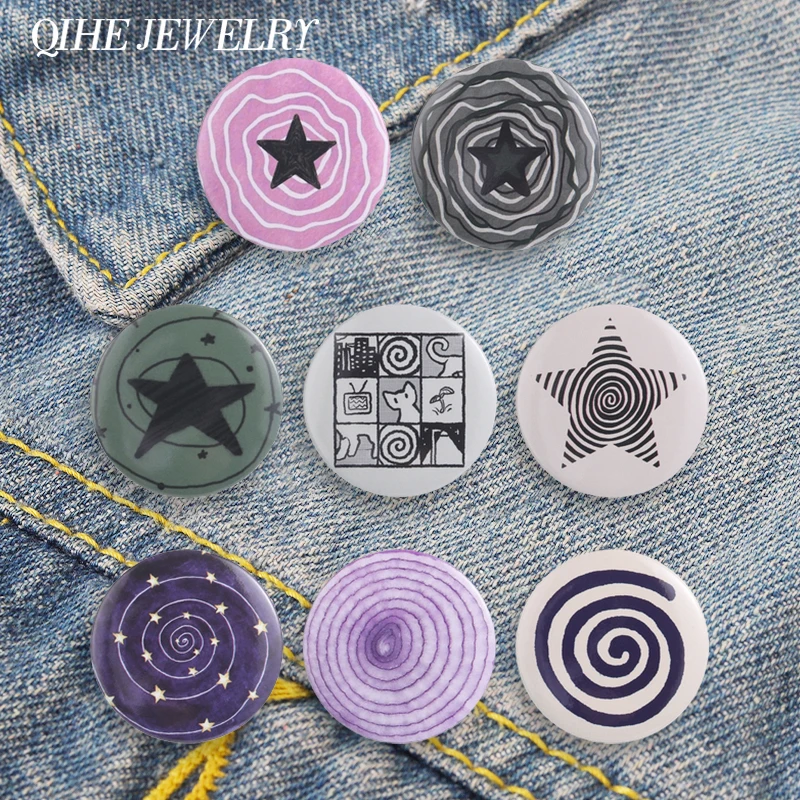 Anime Star Spiral Art Weiche Anstecknadel aus Weißblech, minimalistisch, handgezeichnet, Y2K, psychedelisch, Retro-Brosche, Taschen- und Reversabzeichen, Schmuckgeschenke