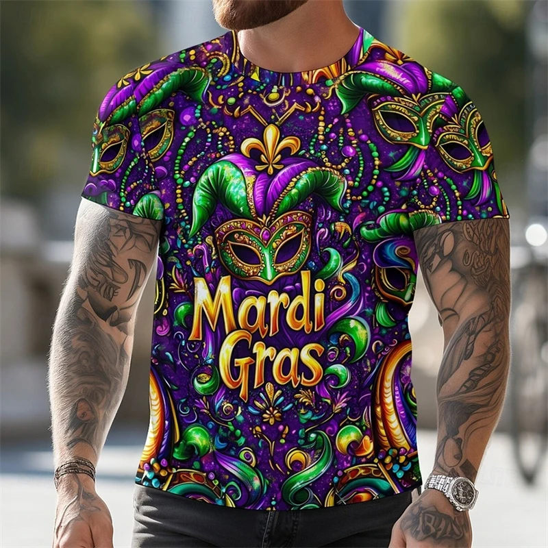 Mardi Gras Themed Print T-shirt Men's Clothing Mystical Mask Graphic Round Neck T Shirts 2025 Summer Street Carnival Tee Shirt