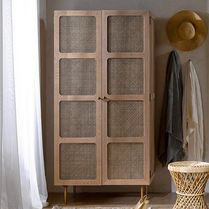 Nordic light luxury solid wood braided rattan double door wardrobe modern simple household log color old storage coat cabinet