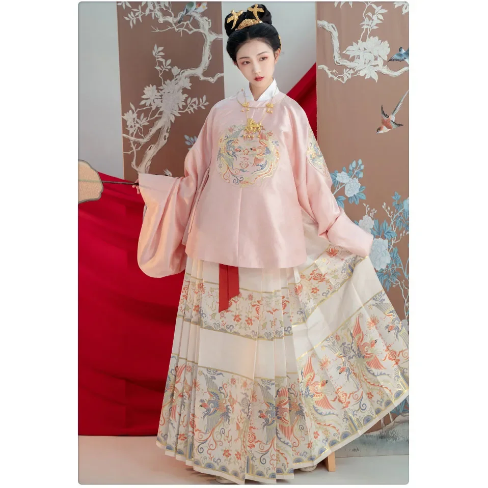 

Original Ming Dynasty Wedding Dress Women Round Neck Big Sleeve Blouse Top Imitation Makeup Flower Horse Face Skirt Hanfu Suit