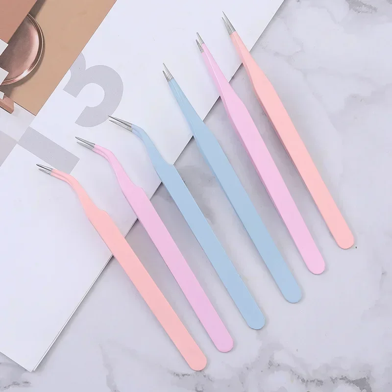 Stainless Steel Colored Straight + Curved Tweezers for Nail Art Sticker Rhinestones Picking Tool Eyelash Makeup DIY Tweezer Tool