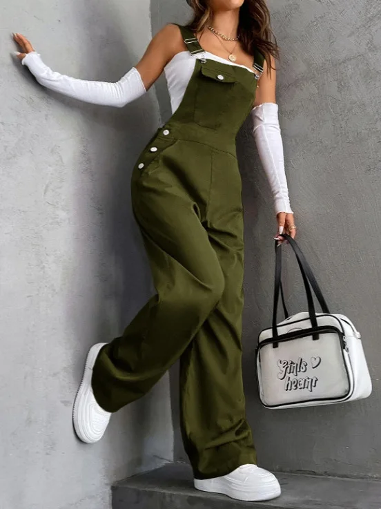 Vintage Pocket Solid Overalls Loose Casual Fashion Strap Overalls Retro Wide Leg Workwear Jumpsuit Chic Utility Dungarees