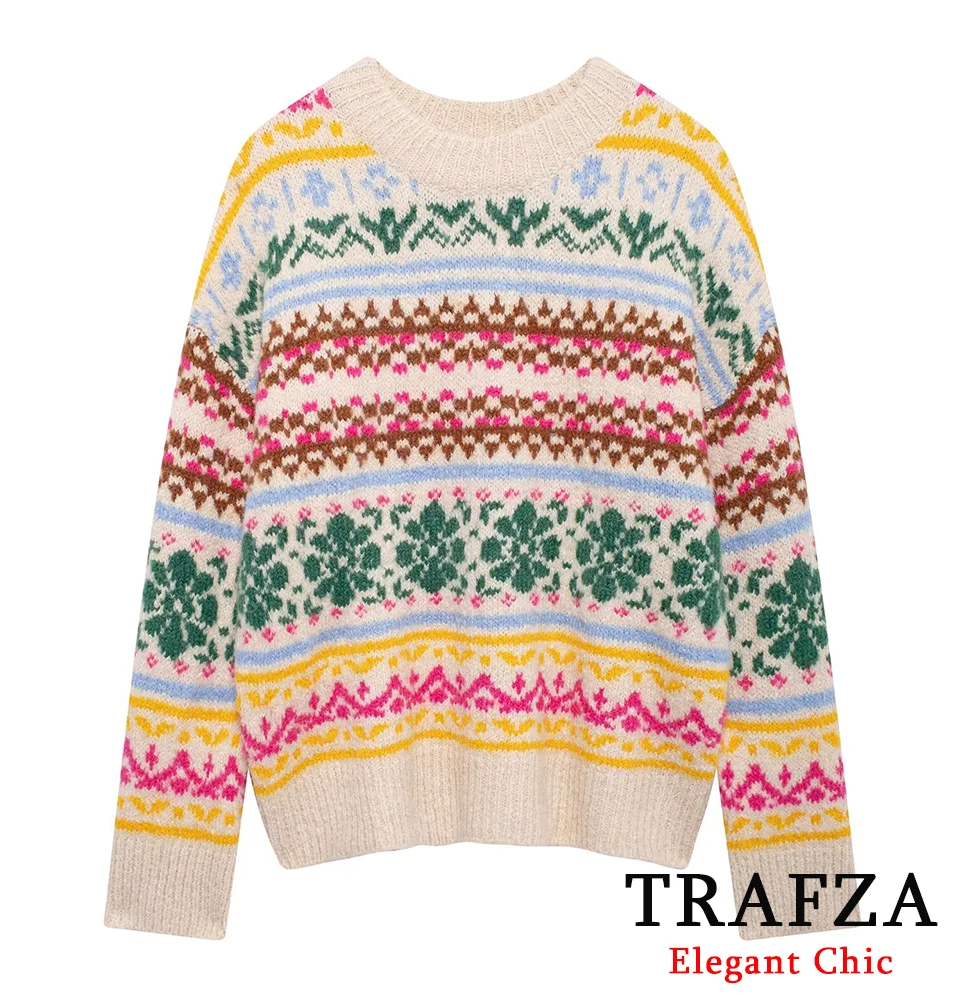 TRAFZA Christmas Women Jacquard Loose Sweater Versatile Floral Knitted Sweater New 2024 Autumn Winter Vibrant Colorways Sweater