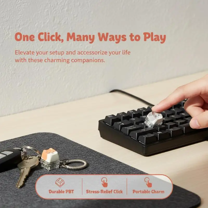 Cat Design Fidget Keyboard Keycap Keyring Soft Touch Clickable Finger Button Mini Toy for Backpack Decor Daily Gifts