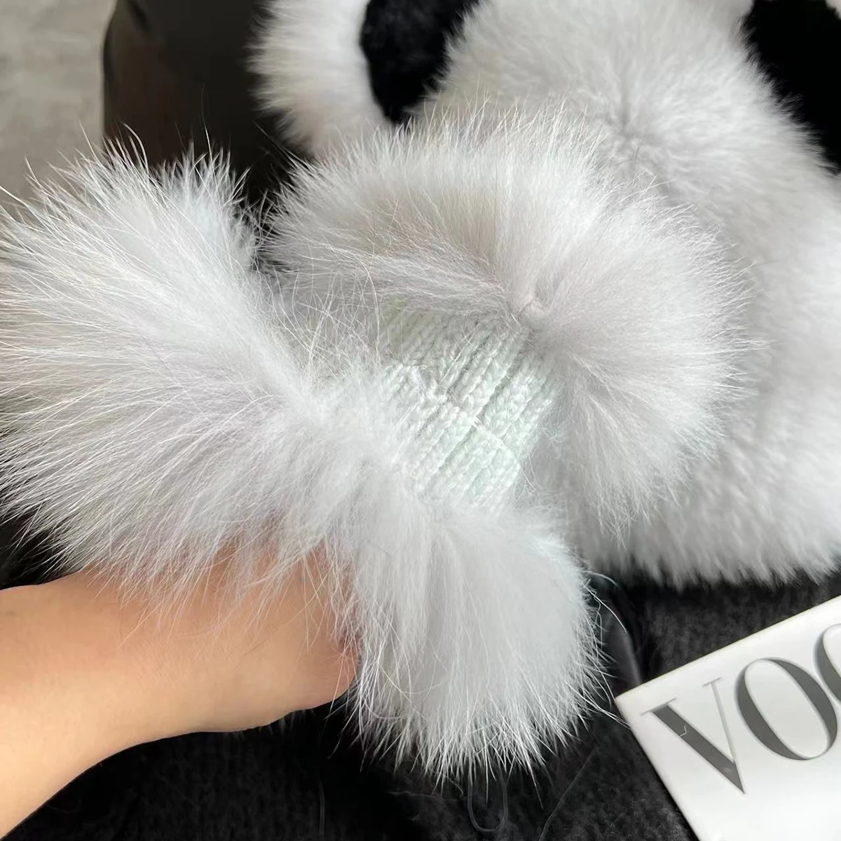 Neue Stilvolle Beanie Fuchs Pelz Hüte für Frauen Winter Warme Flauschigen Neck schal hut set Dicke Natürliche Fuchs Pelz Hut Weibliche Kuppel Hüte – Detail 3