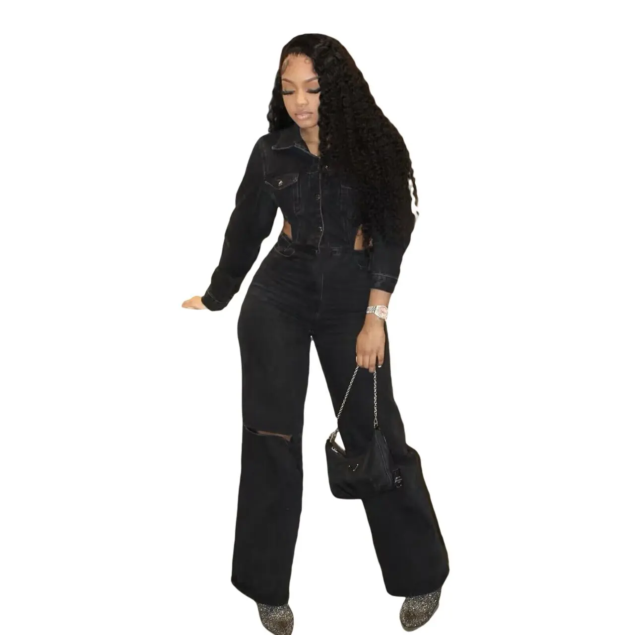 Women Jeans Wide Leg Pants Overalls Single Breasted Washed Loose Denim Full Length Jean Spliced Hollow Solid Streetwear