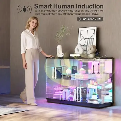 High Gloss Glass Display Cabinet with Lock & LED Light for Toys, White | Curio Cabinet with Human Body Sensor & Glass view 4