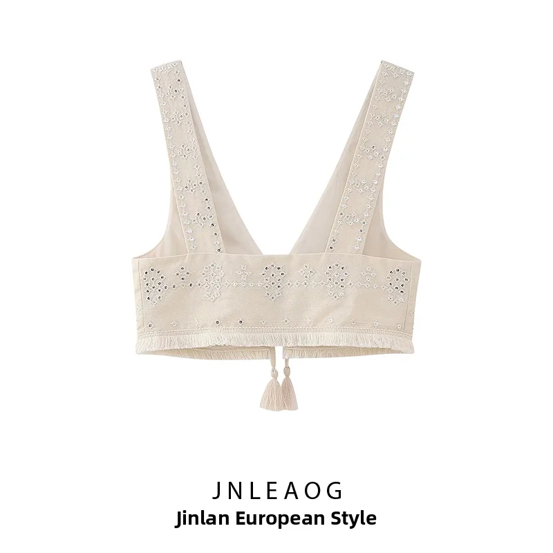 JNLEAOG Women's Embroidered Mirror Pure Color Short Vest Autumn New Style Fashionable Slim Fit Inner Wear Polyester Fiber