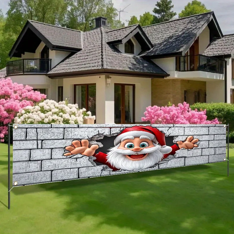 Santa Claus Peek-a-Boo Decorative Banner – Large Rectangular Aesthetic Illustration Indoor Outdoor Wall Backdrop
