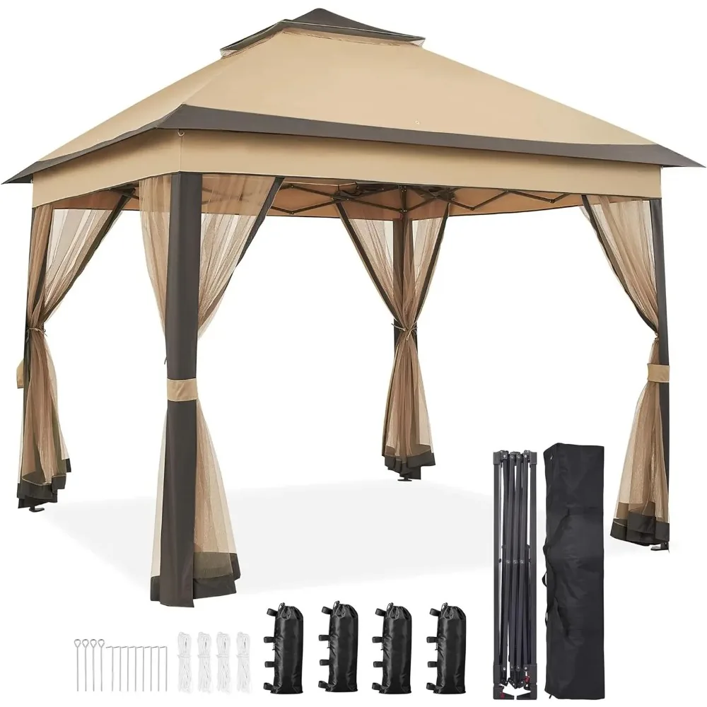 11x11 / 11x13 Gazebo Outdoor Canopy Shelter, Instant Gazebo Sun Shade Canopy Tent with 4 Sandbags, Double Tiers & Mesh Netting