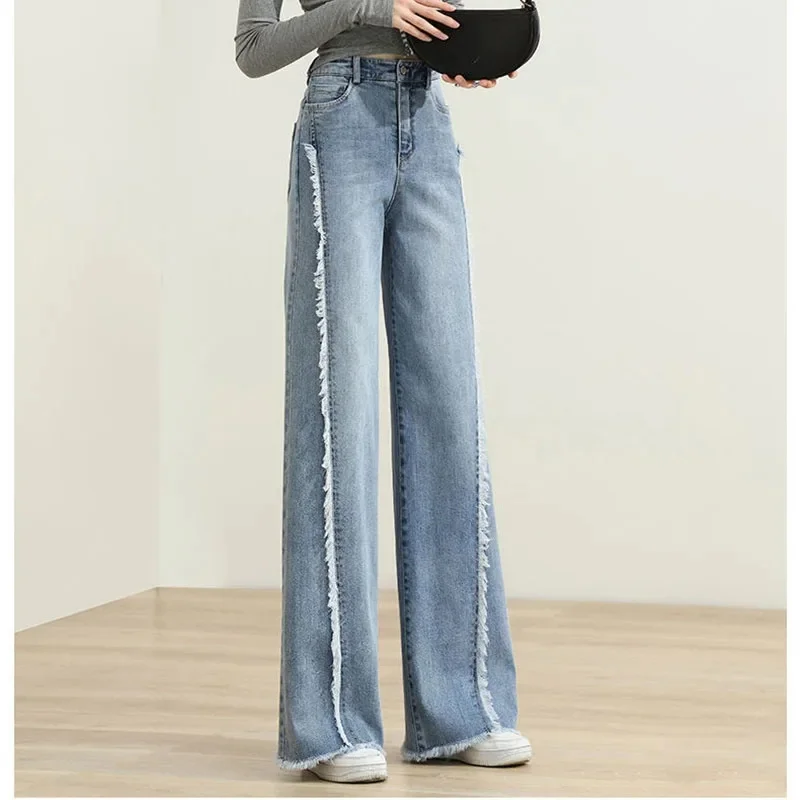 

2024 Spring Autumn New Women Burr Edge Straight Cylinder Jeans Female High Waisted Cowboy Trousers Ladies Wide Legs Denim Pants