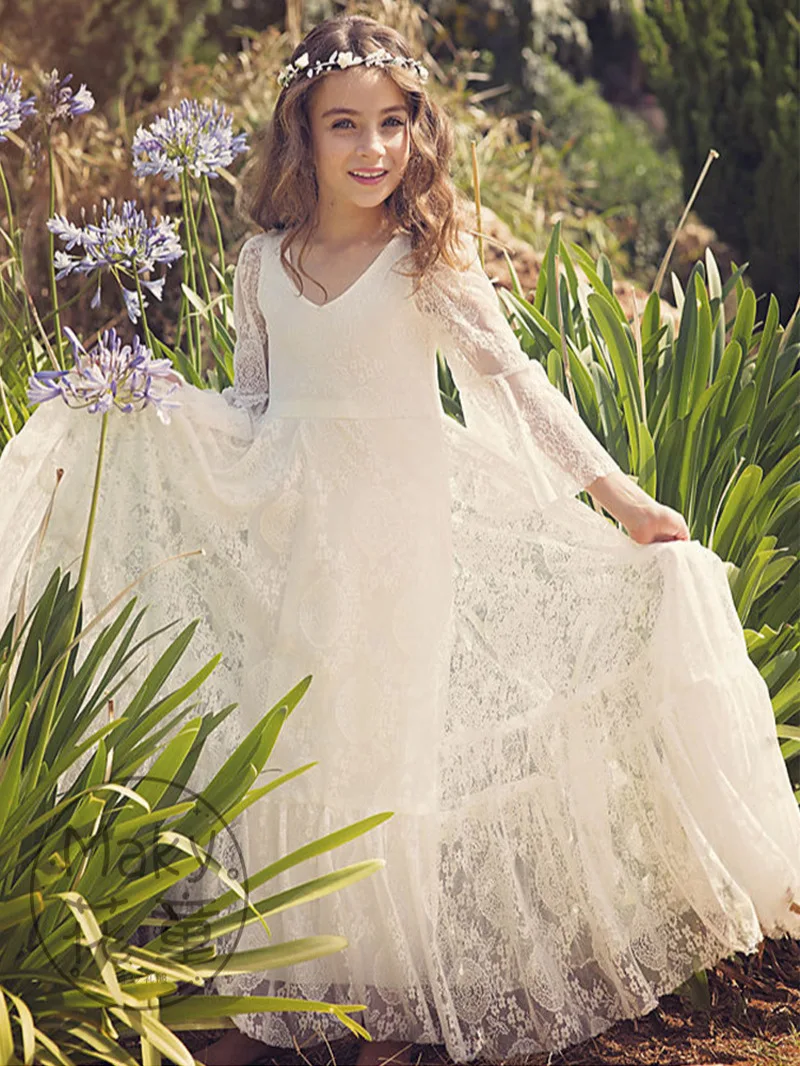 

Ivory Flower Girl Dress Lace Long SNeck Gown Wedding Gown First Christmas Party Luxury Evening Dress For Girlsفساتين اط