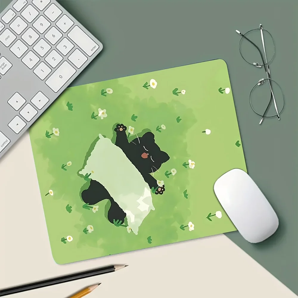 Black Cat Cartoon Green Series Rubber Mouse Pad, Non-Slip Base, Ideal for Office, Study, And Gaming, Portable And Long-Lasting