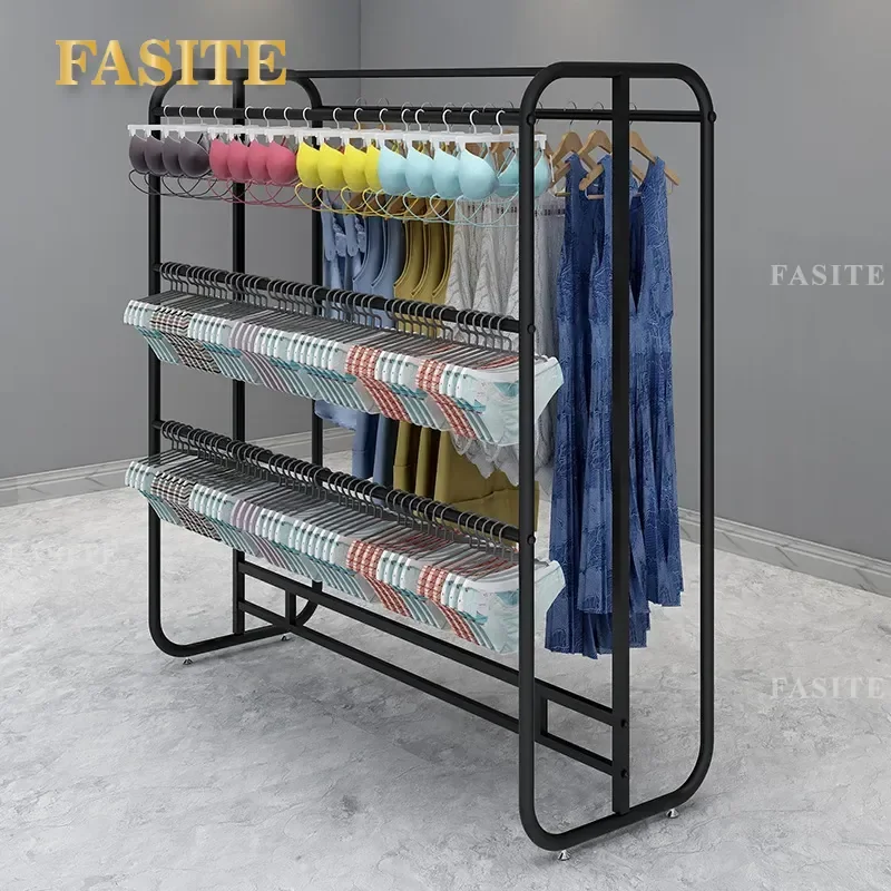 For Clothing Store Multi-layer Double-row Floor Display Rack Hanging Underwear Pajamas Shelf Heavy Duty Metal Garment