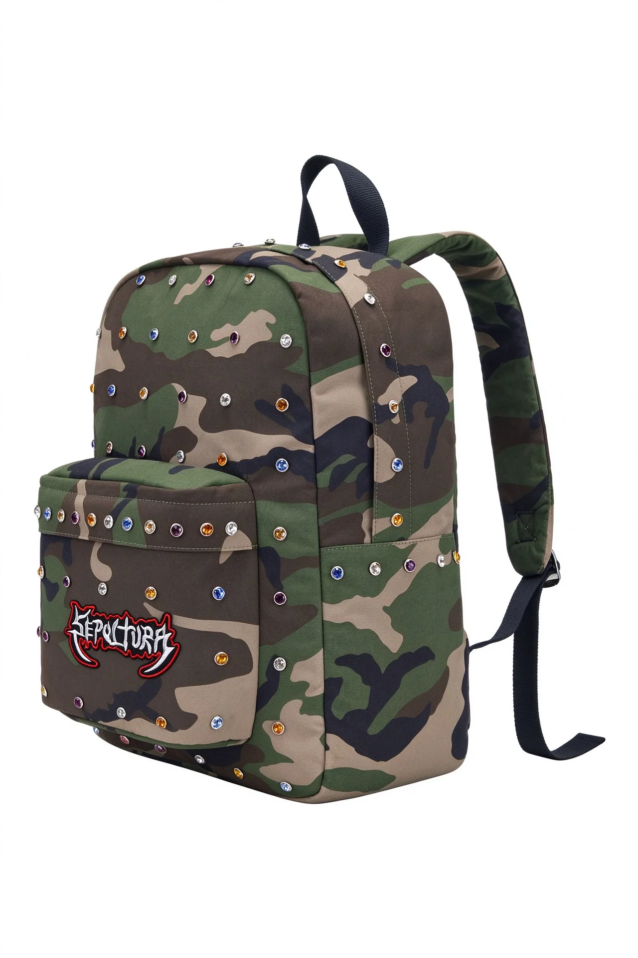 Camouflage Rhinestone Backpack Sepultura Embroidery Metal Rock Style Daypack Y2K Punk Canvas School Bag with Colorful Gems