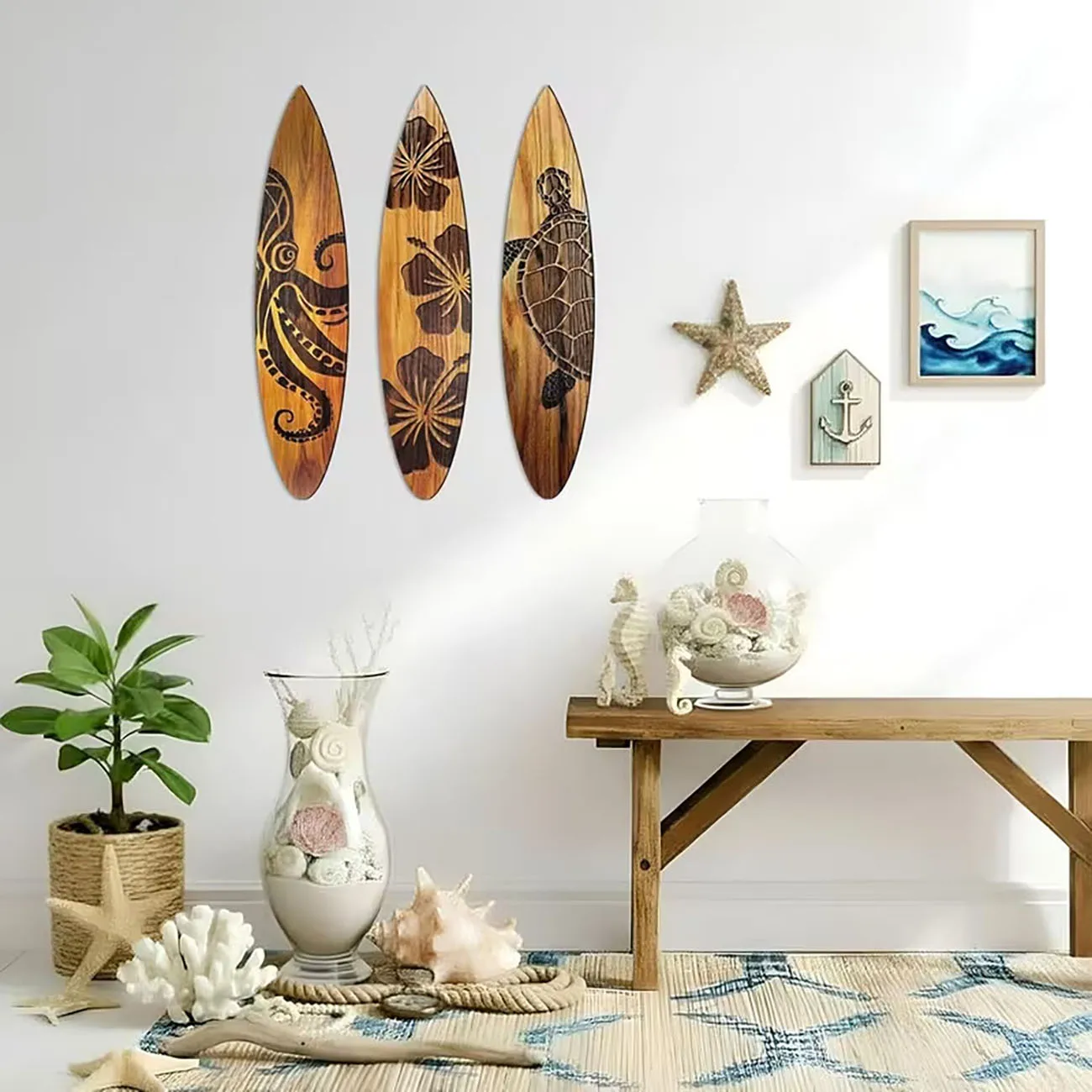 Set of 3 Tropical Surfboard Wall Signs with Nano Tape, Natural Wood Hibiscus & Sea Creature Art for Coastal Home Decoration