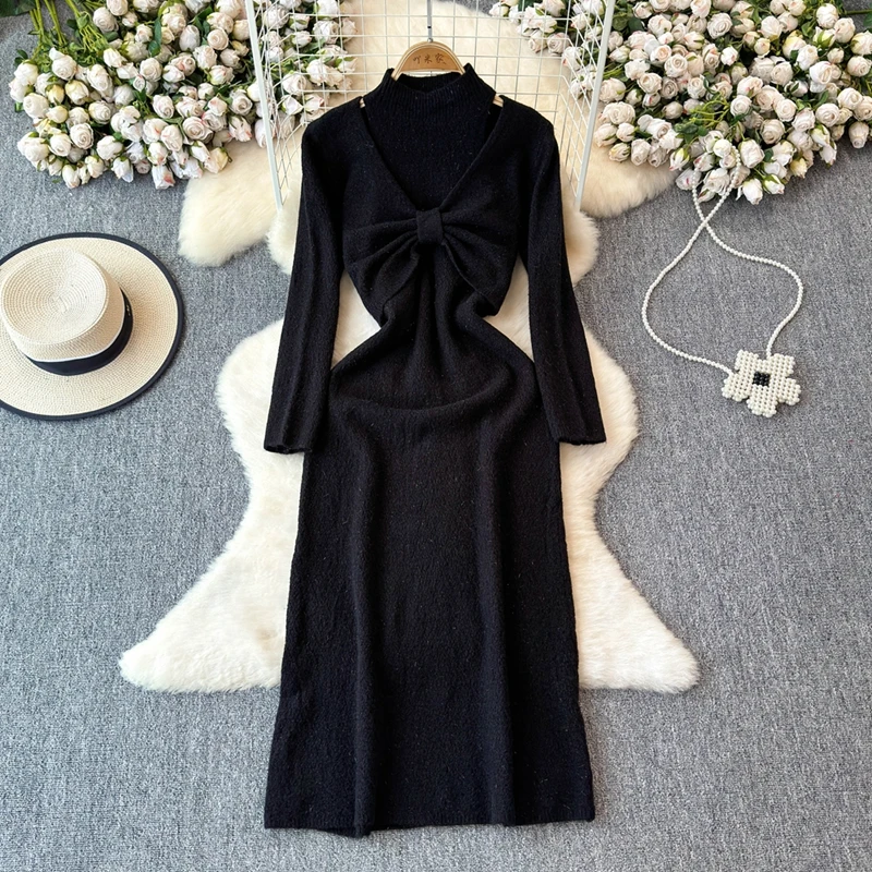 Knitted Sweater Long Dress Set French Deep V-knot Slit Soft Sweater Dresses 2024 Autumn New Slim Fit Fashion Versatile Sets