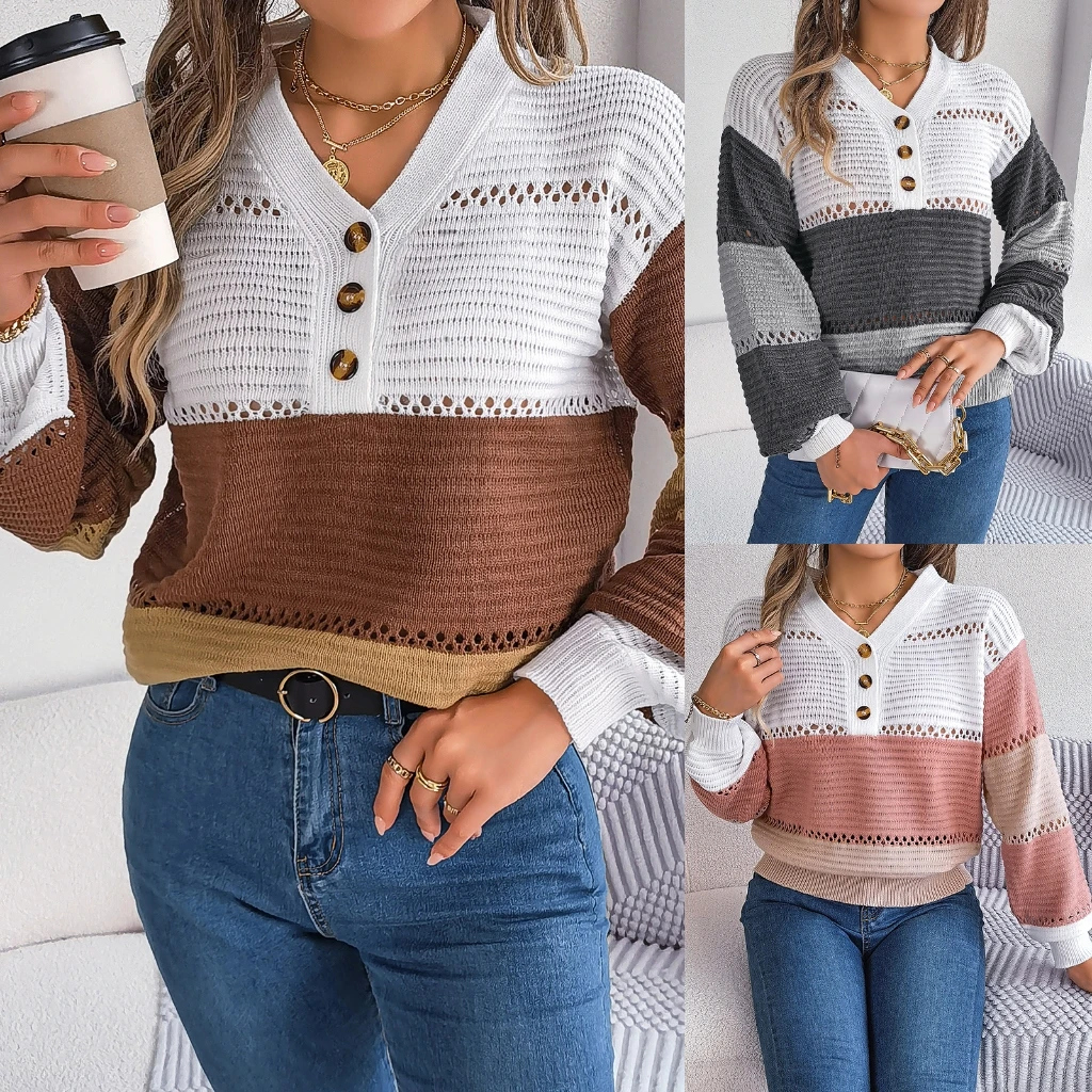 

Autumn Winter Casual Button Up V-Neck Hollow Out Color Block Lantern Sleeve Overhead Sweater Women's Fashion