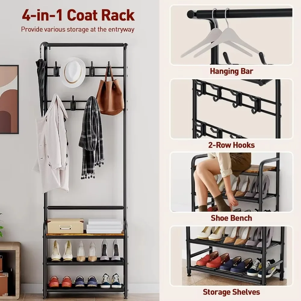 Coat rack, entrance hall tree with shoe stool and storage, 4-in-1 coat rack with 3 levels of shelves, rails and 8 hooks