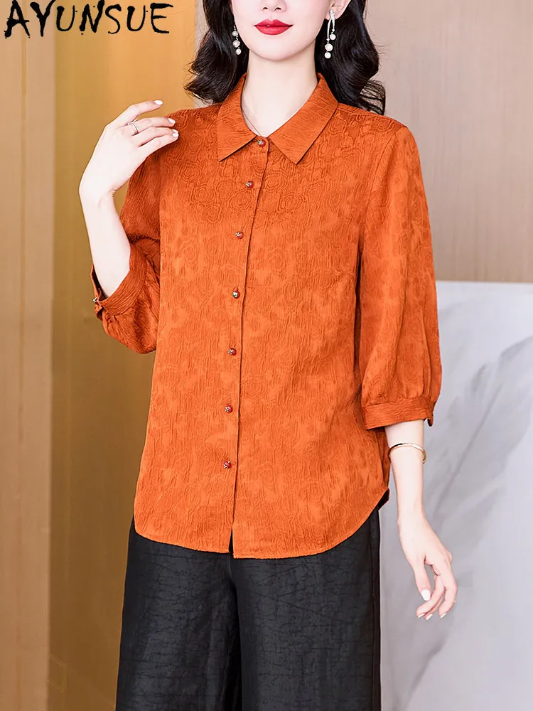 AYUNSUE 100% Real Mulberry Silk Blouse Women Xiangyunsha Printed Loose Women Tops Autumn Casual Women Clothes 2026chemise Femme