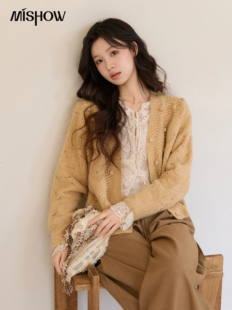 

MISHOW Women's Solid Hollow-out Knit Thin Cardigan 2026 Spring V-Neck Bobble Knit tops Casual Loose Knitted Sweater MXF108Z1020