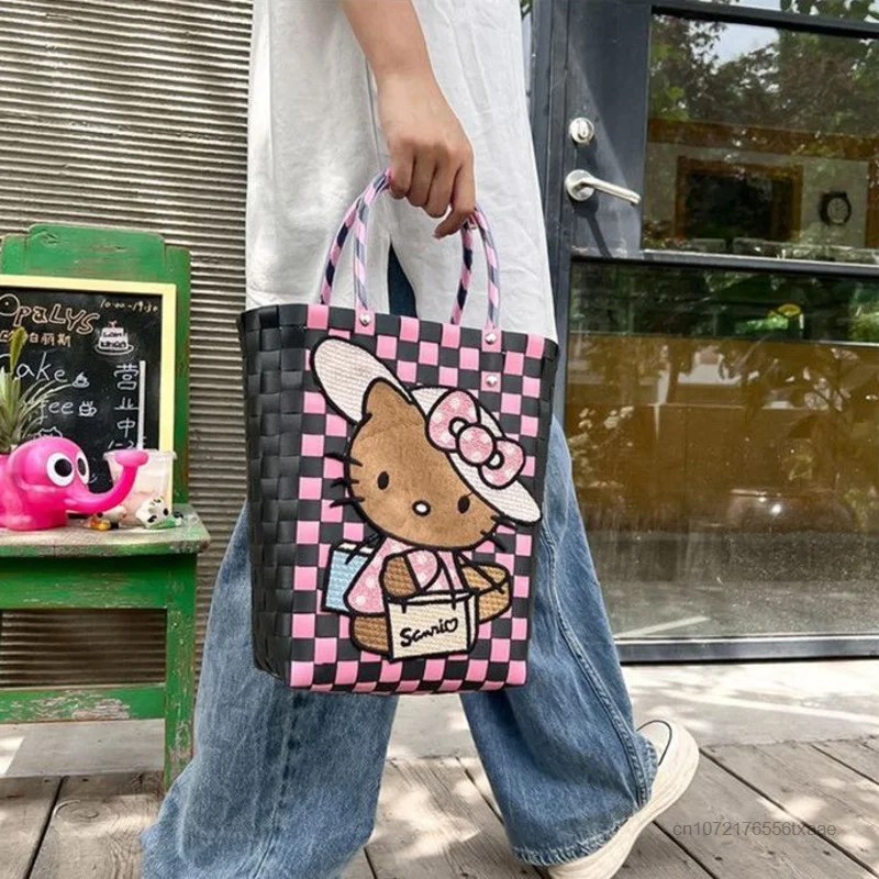 Sanrio Hawaiian Black Hello Kitty Weaving Baskets Women Portable Shopping Bag Korean Fashion Handbags Y2k Small Storage Tote Bag