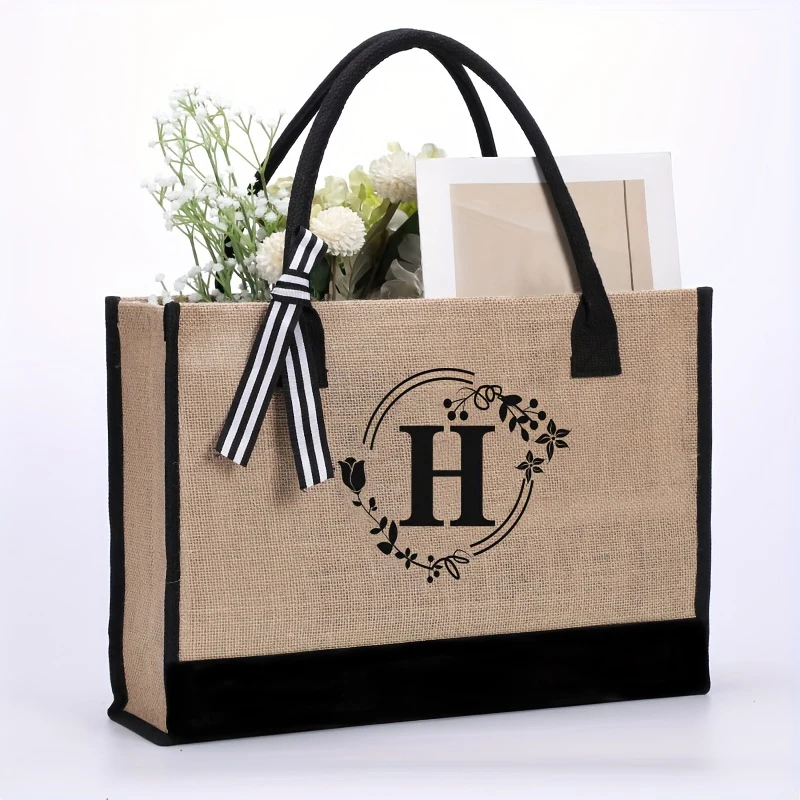 Men's large-capacity tote bag, letter-style jute shopping bag, travel storage bag