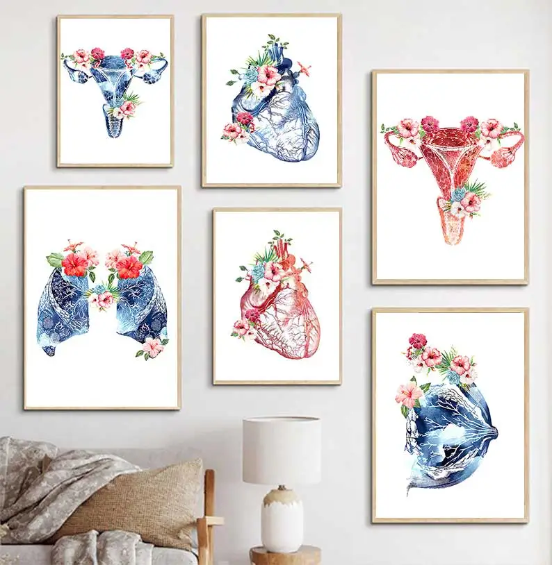 Blumen-Brust-Gebärmutter-Niere-Leber-Anatomie-Wandkunst-Leinwandgemälde, nordische Poster und Drucke, Wandbilder für Arztpraxen
