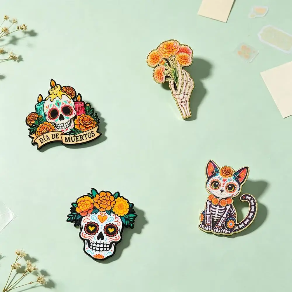 4pcs Dia De Los Muertos Enamel Pin Set, Mexican Day of The Dead Sugar Skull Skeleton Cat Butterfly Marigold Flower Brooch