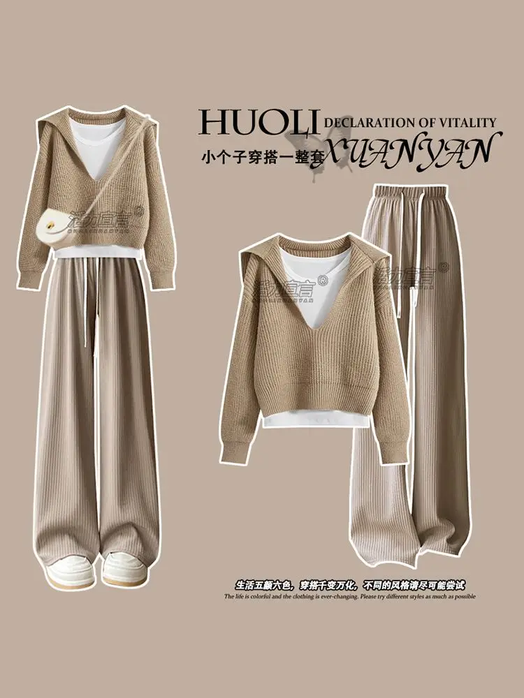 2024 Autumn/Winter Korean Edition New Women\'s Set Lazy Style Knitted Sweater+Casual Wide Leg Pants 3-Piece Set Trendy