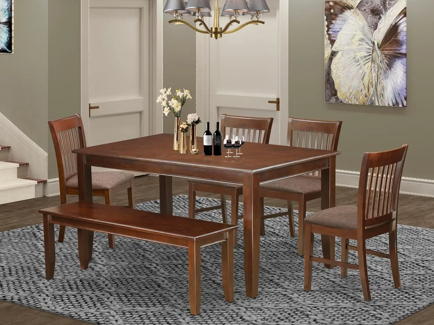 6 Piece Kitchen Set Contains a Rectangle Table and 4 Linen Fabric Dining Chairs with a Bench, 36x60 Inch, Mahogany