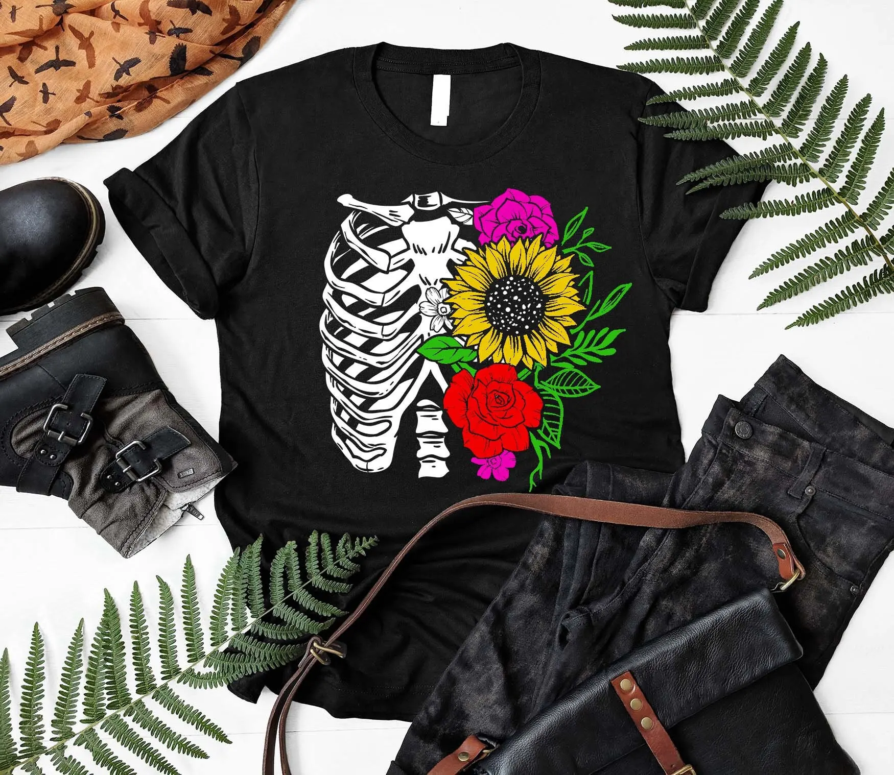 Floral Ribcage T Shirt Halloween Costume Skeleton Gothic SweaT Skull Flowers